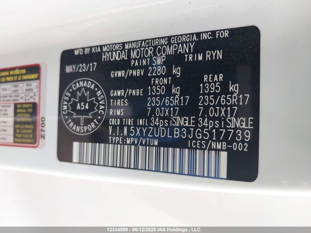 5XYZUDLB3JG517739 Hyundai gdi theta ii