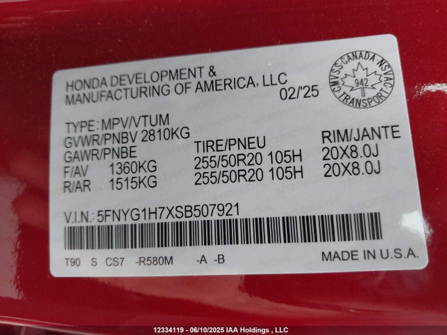 5FNYG1H7XSB507921 Honda j35y8