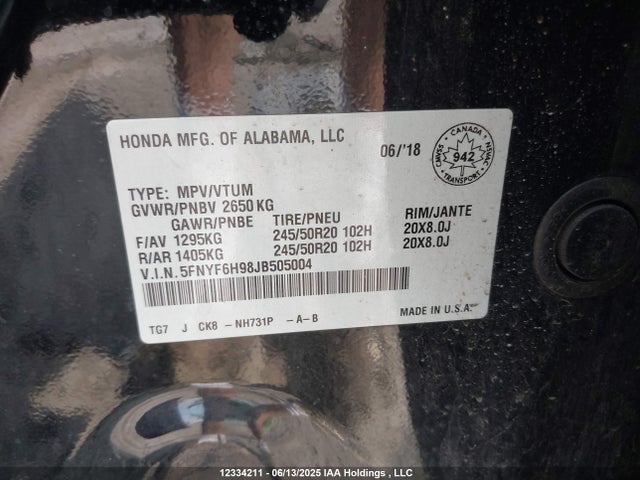 5FNYF6H98JB505004 Honda j35y6