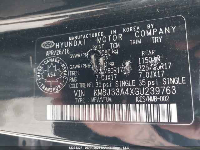 KM8J33A4XGU239763 Hyundai 2016