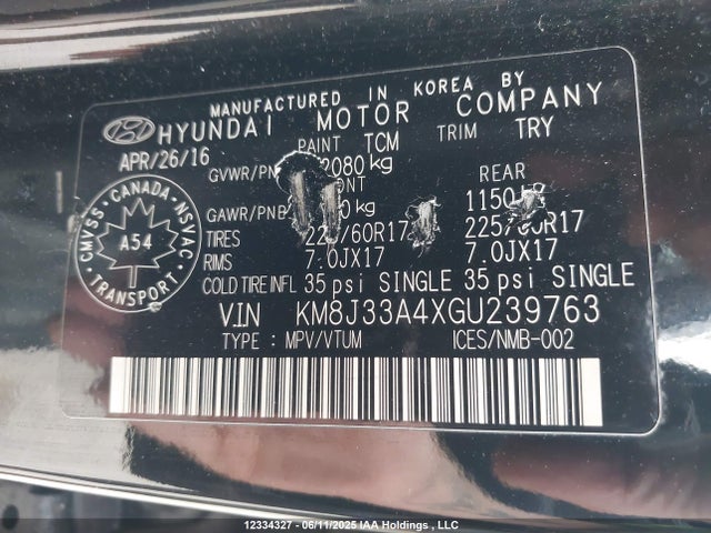 KM8J33A4XGU239763 Hyundai 2016