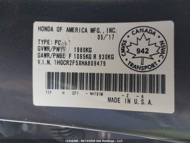 1HGCR2F5XHA809479 Honda k24w1