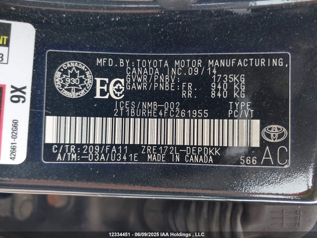 Toyota 2zr-fe 2015 2T1BURHE4FC261955 Image 9