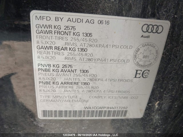 WA1CCAFP3HA017292 Audi 3.0t