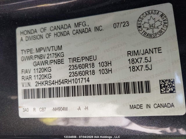 2HKRS4H54RH101714 Honda l15be