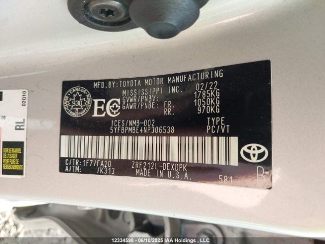 5YFBPMBE4NP306538 Toyota 2zr-fae