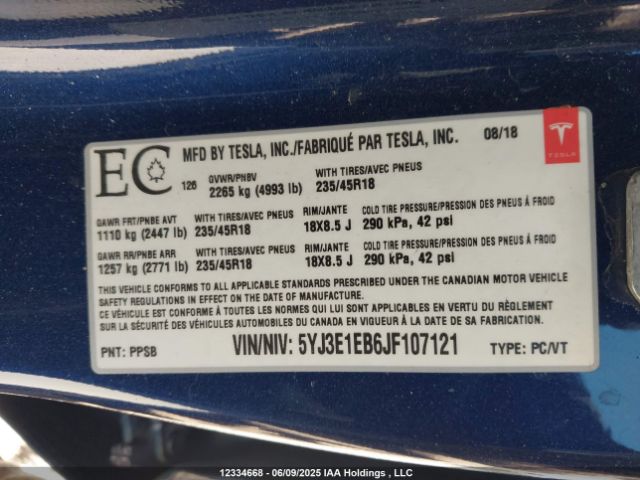 5YJ3E1EB6JF107121 Tesla MODEL 3