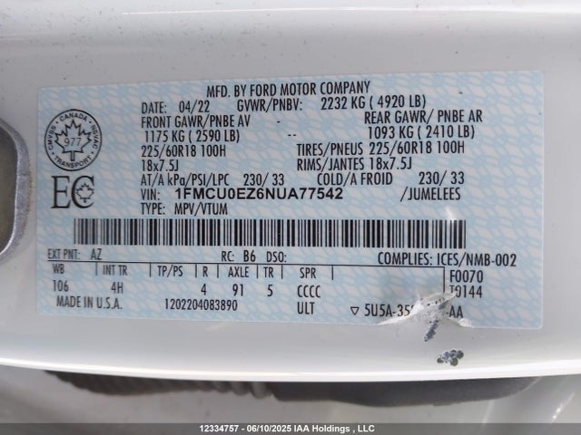1FMCU0EZ6NUA77542 Ford hev/phev