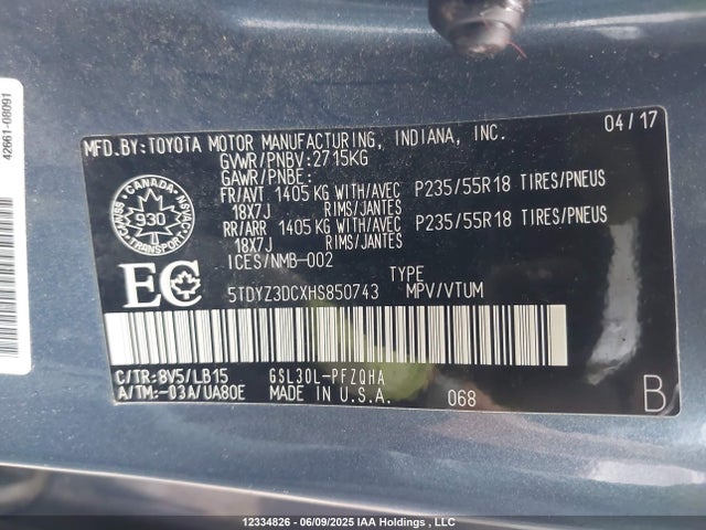 5TDYZ3DCXHS850743 Toyota 2gr-fks