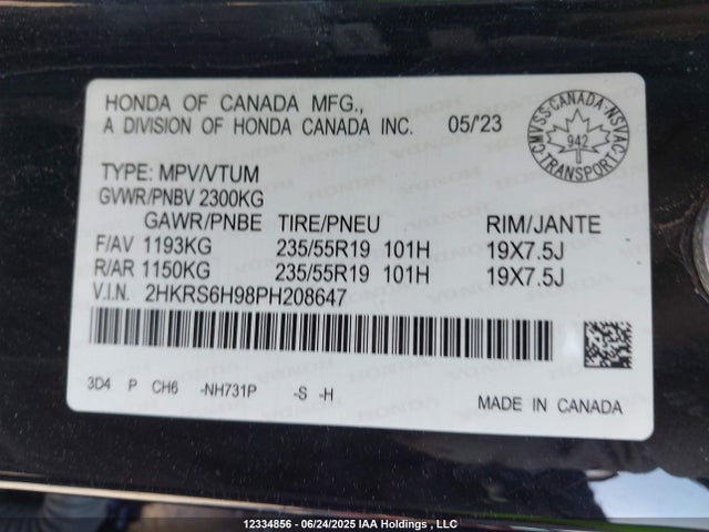 2HKRS6H98PH208647 Honda Cr-v Touring Hybrid
