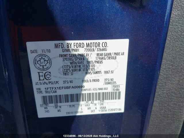 2011 Ford F-150 Xlt მანქანა იყიდება აუქციონზე, vin: 1FTFX1EF0BFA00699, აუქციონის ნომერი: 12334896