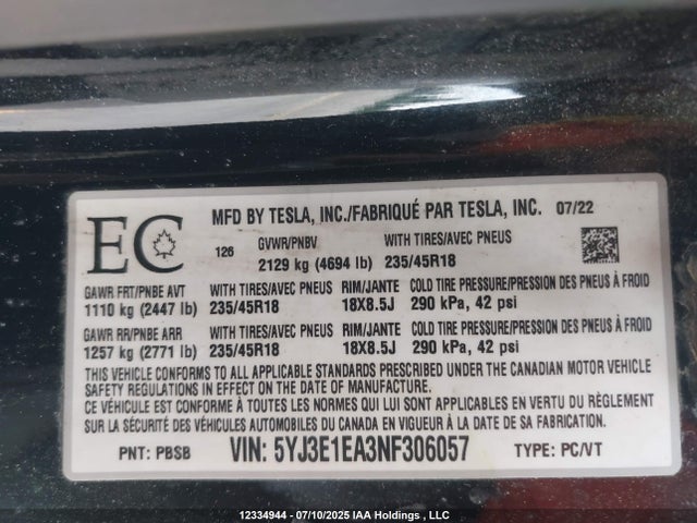 5YJ3E1EA3NF306057 Tesla MODEL 3