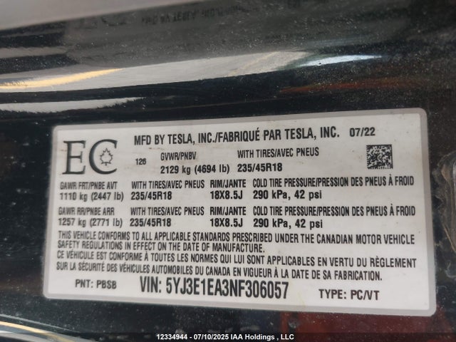 5YJ3E1EA3NF306057 Tesla MODEL 3