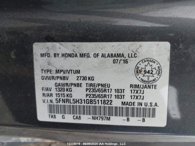 5FNRL5H31GB511822 Honda ODYSSEY SE