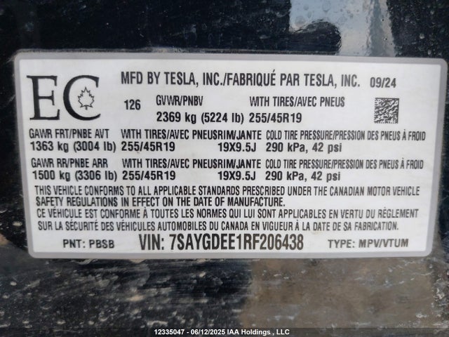 7SAYGDEE1RF206438 Tesla Model Y