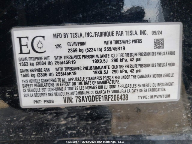 7SAYGDEE1RF206438 Tesla Model Y