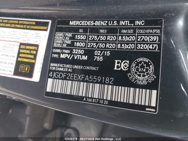 4JGDF2EEXFA559182 Mercedes-Benz 2015