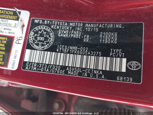 12335194 :رقم المزاد ، 4T1BF1FK6GU543275 vin ، 2016 Toyota Camry Le مزاد بيع