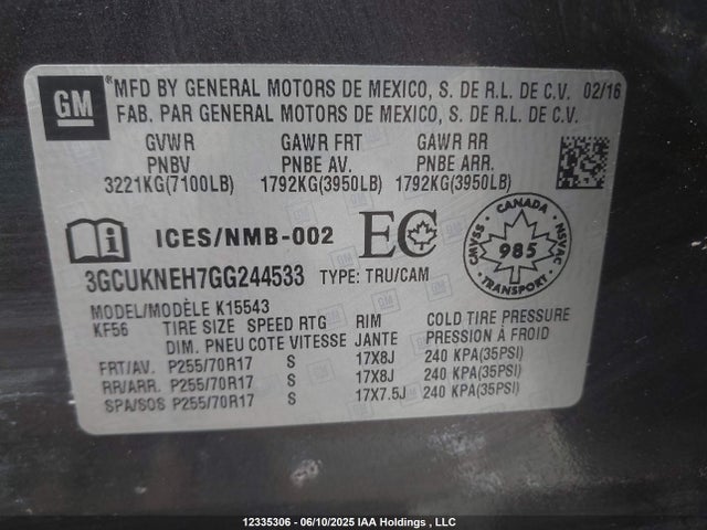 3GCUKNEH7GG244533 Chevrolet lv3 - sidi, vvt, aluminum, e85 max