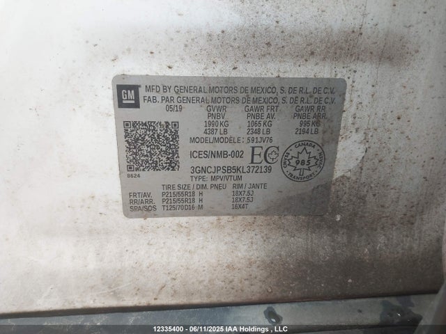 Aukcja sprzedaży 2019 Chevrolet Trax Lt, vin: 3GNCJPSB5KL372139, numer aukcji: 12335400