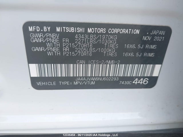 JA4AJVAW9NU602293 Mitsubishi Rvr Se/sel/le/gt