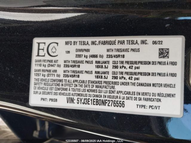 5YJ3E1EB0NF276556 Tesla MODEL 3