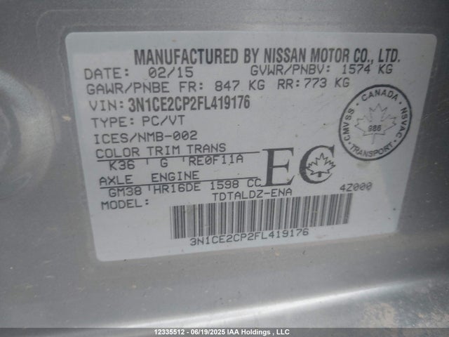 3N1CE2CP2FL419176 Nissan VERSA NOTE