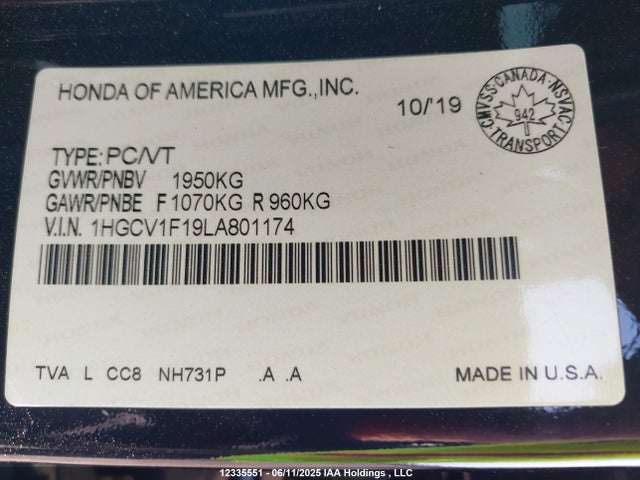 1HGCV1F19LA801174 Honda l15be
