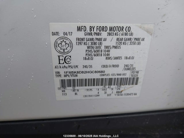 1FM5K8D82HGC80680 Ford 3.5l ti-vct