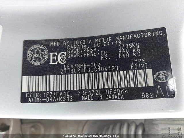 2T1BURHE8JC104423 Toyota 2zr-fe