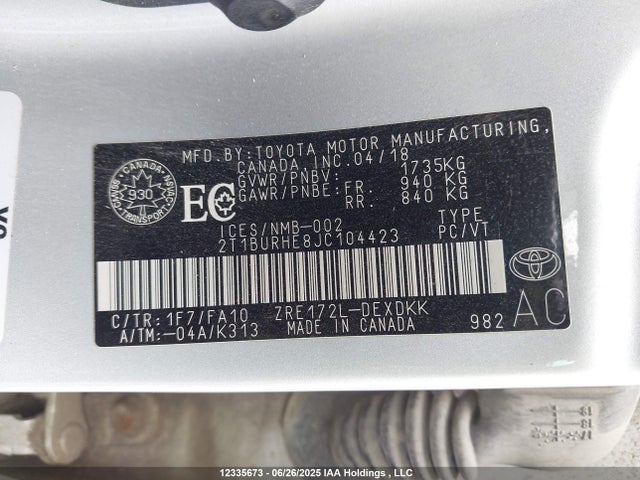 2T1BURHE8JC104423 Toyota 2zr-fe