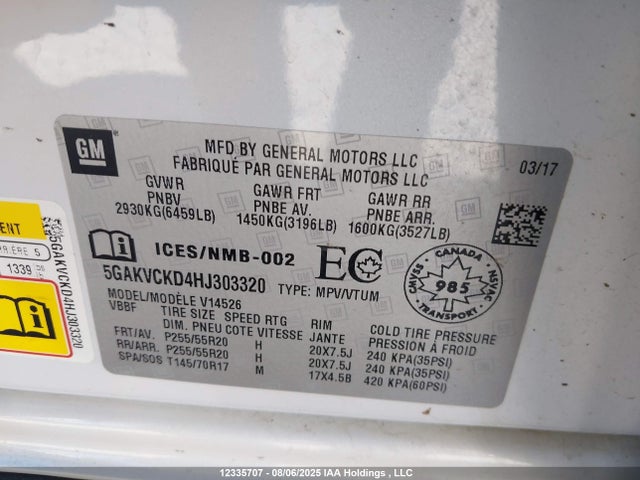 5GAKVCKD4HJ303320 Buick llt - alum, 60 degrees, sidi: spark ignited direct injection
