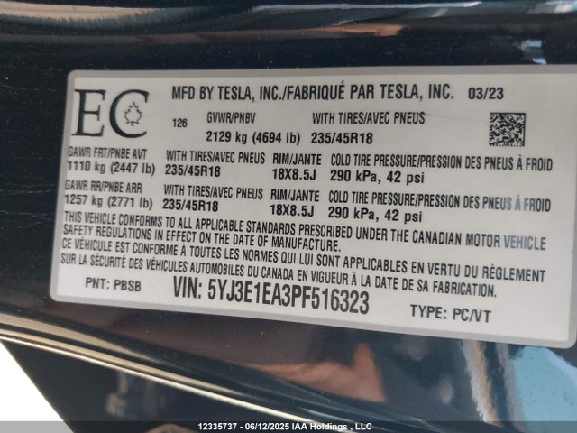 5YJ3E1EA3PF516323 Tesla MODEL 3