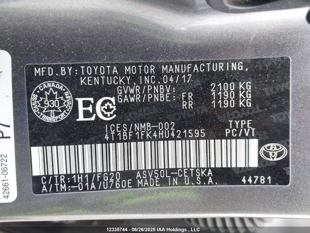 Toyota 2ar-fe 2017 4T1BF1FK4HU421595 Image 9