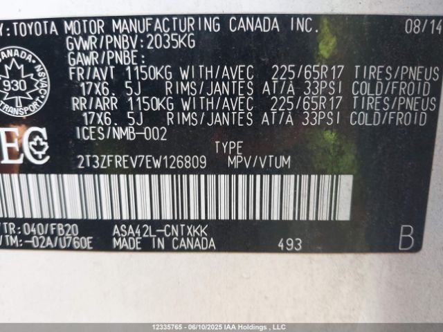 2T3ZFREV7EW126809 Toyota RAV4 LE