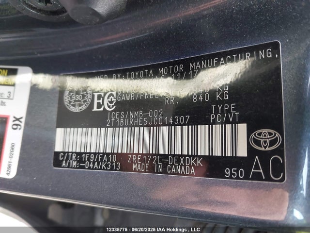 2T1BURHE5JC014307 Toyota 2zr-fe