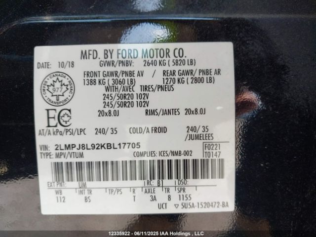 2LMPJ8L92KBL17705 Lincoln 2.0l gtdi