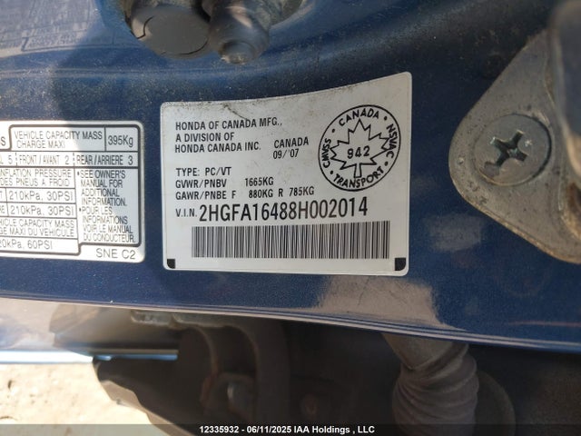 2008 Honda Civic Dx-g მანქანა იყიდება აუქციონზე, vin: 2HGFA16488H002014, აუქციონის ნომერი: 12335932