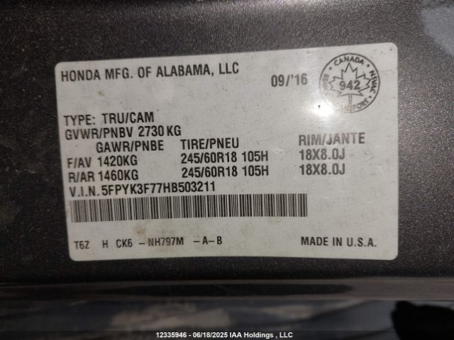 5FPYK3F77HB503211 Honda j35y6