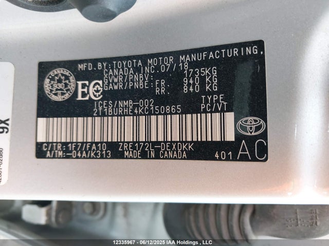 Toyota 2zr-fe 2019 2T1BURHE4KC150865 Image 19