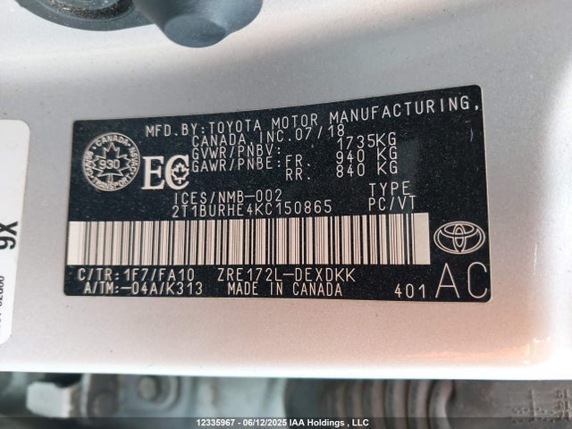 Toyota 2zr-fe 2019 2T1BURHE4KC150865 Image 9