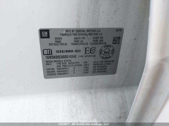 1GNSKDEC9GR310240 Chevrolet l83 - sidi, vvt, afm, e85 max, aluminum