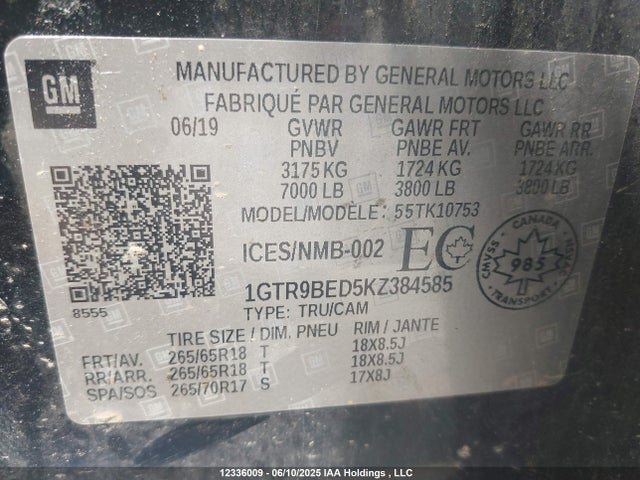 1GTR9BED5KZ384585 GMC l84 - di, dfm, alum, gen 5, var 2