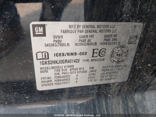 1GKS2HKJ0GR401422 GMC Yukon Xl Denali Denali