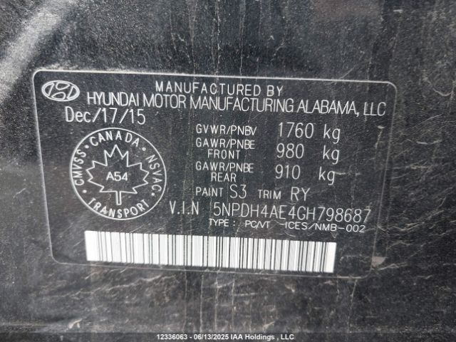 5NPDH4AE4GH798687 Hyundai ELANTRA GL