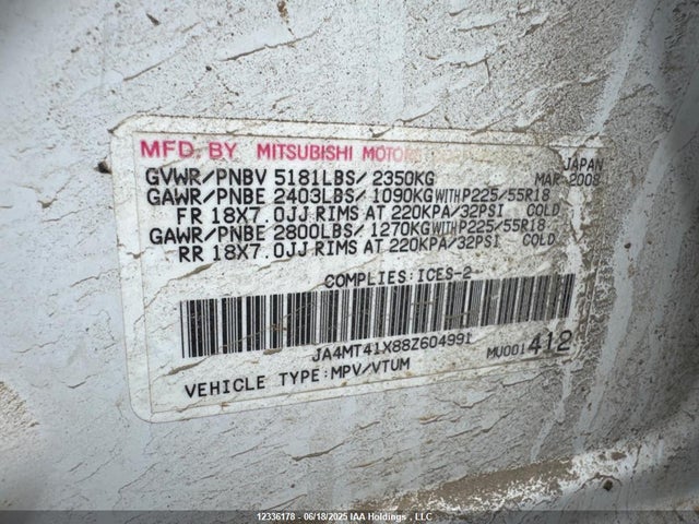 2008 Mitsubishi Outlander Xls მანქანა იყიდება აუქციონზე, vin: JA4MT41X88Z604991, აუქციონის ნომერი: 12336178