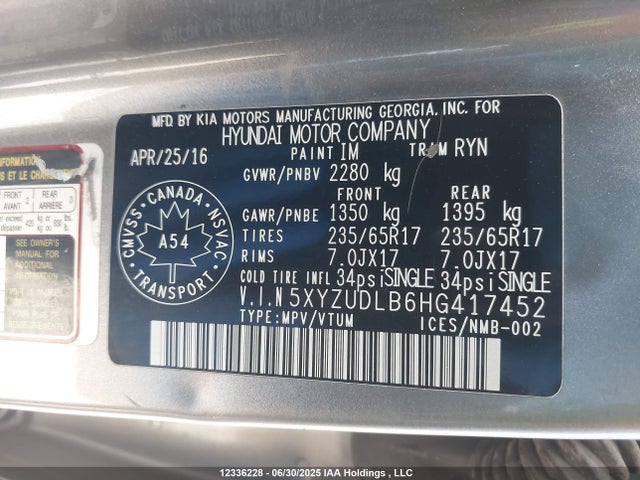 5XYZUDLB6HG417452 Hyundai gdi theta ii