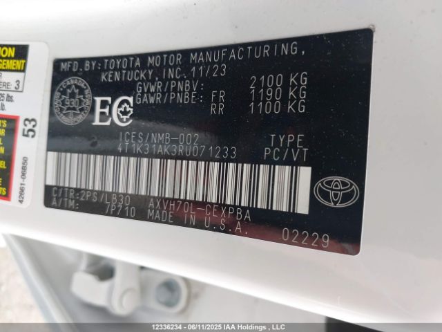 4T1K31AK3RU071233 Toyota a25a-fxs
