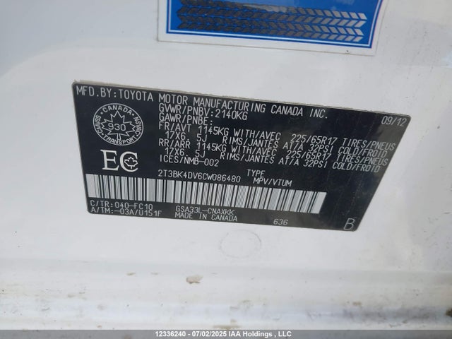 Продажа на аукционе авто 2012 Toyota Rav4, vin: 2T3BK4DV6CW086480, номер лота: 12336240