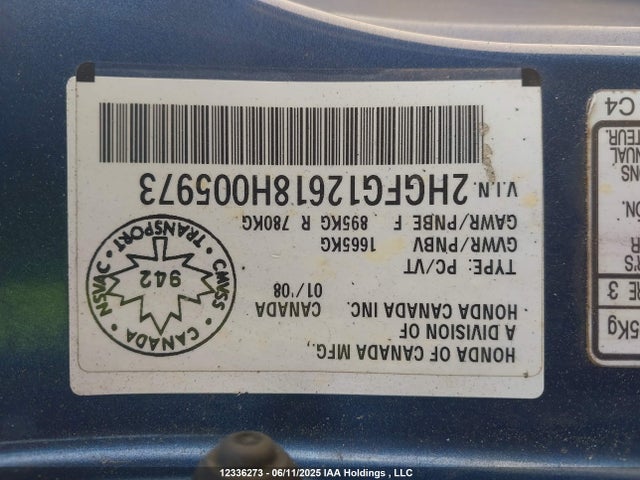 Aukcja sprzedaży 2008 Honda Civic Lx, vin: 2HGFG12618H005973, numer aukcji: 12336273